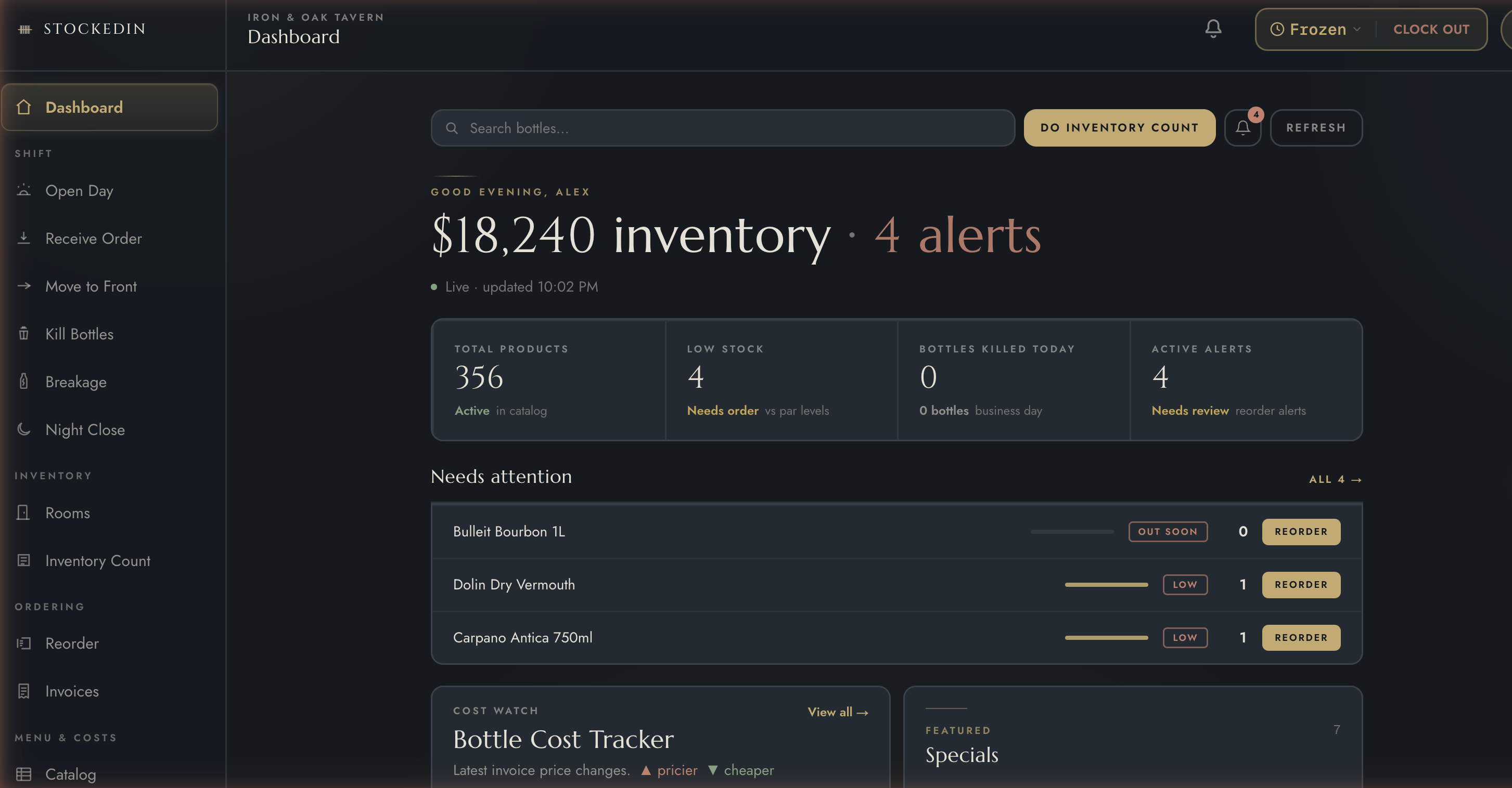 Stockedin dashboard: inventory value, KPI tiles, a live needs-attention list, and bottle cost tracking, running with real bar data